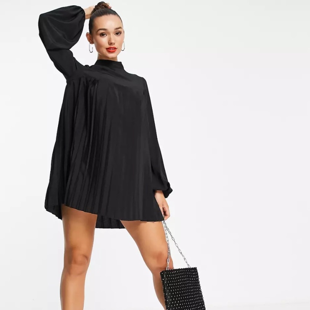 ASOS black high neck pleated trapeze dress